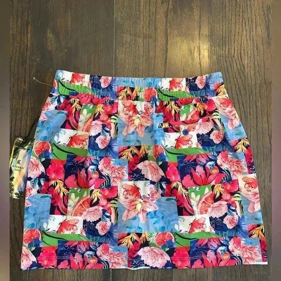 Vibrant Floral Print Skirt Tropical Summer Vacation Elastic Waist w/Pocket F12 - Picture 2 of 6